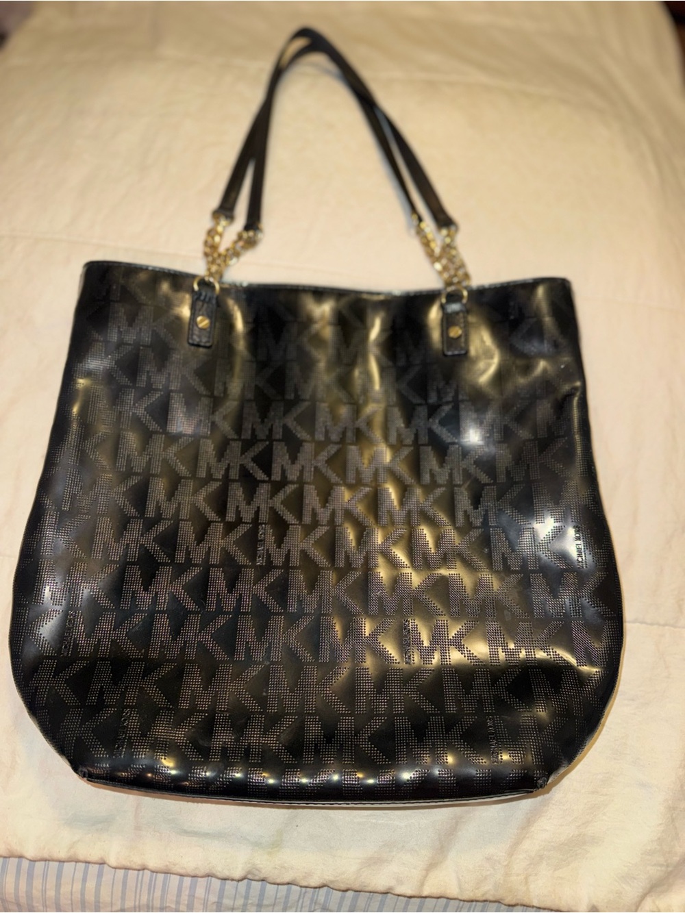Michael Kors Black Perforated MK Logo Tote with Chain Straps
